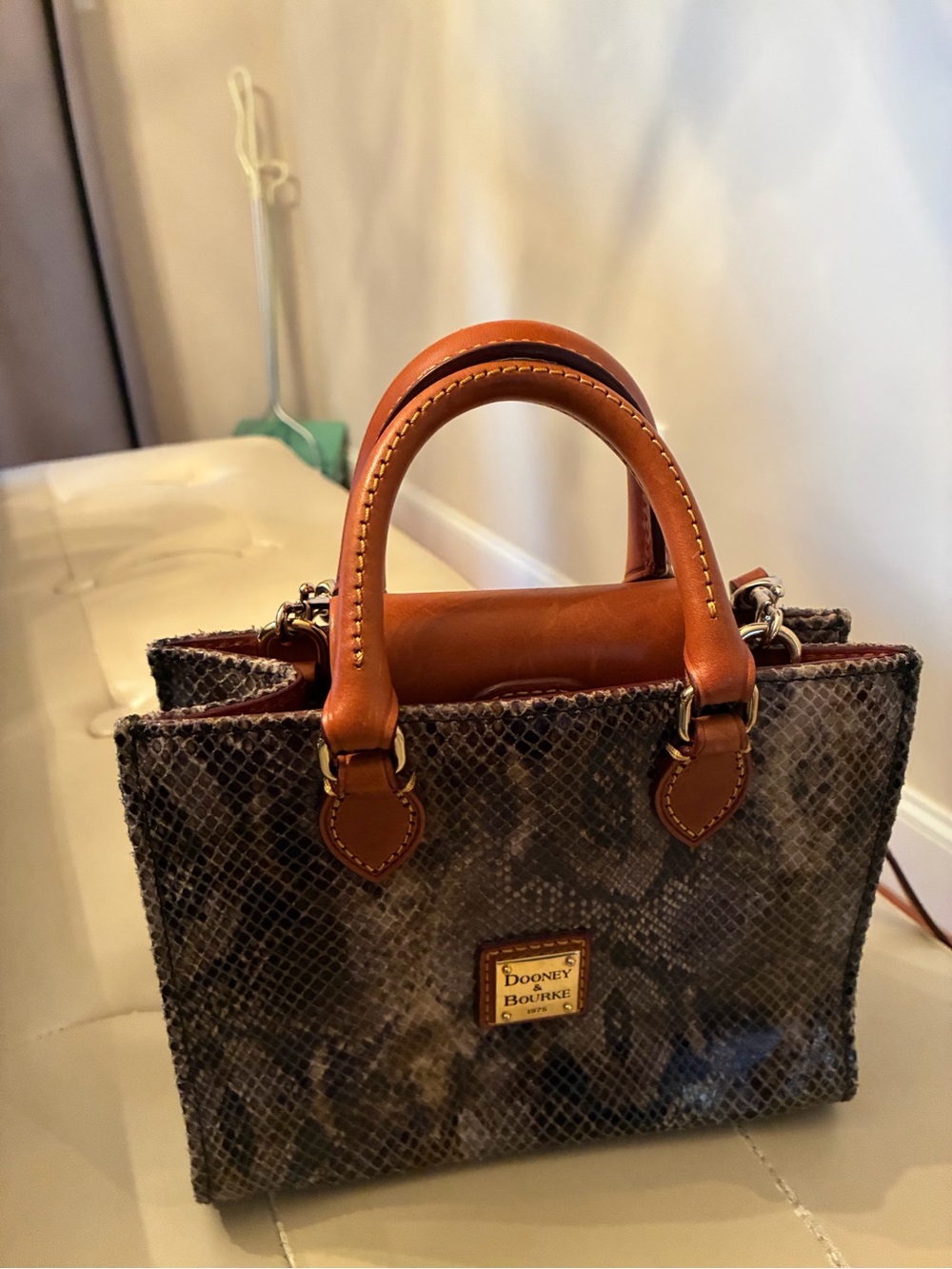 Dooney & Bourke Janine Mini Tote Snake Embossed Satchel Crossbody Tan Leather